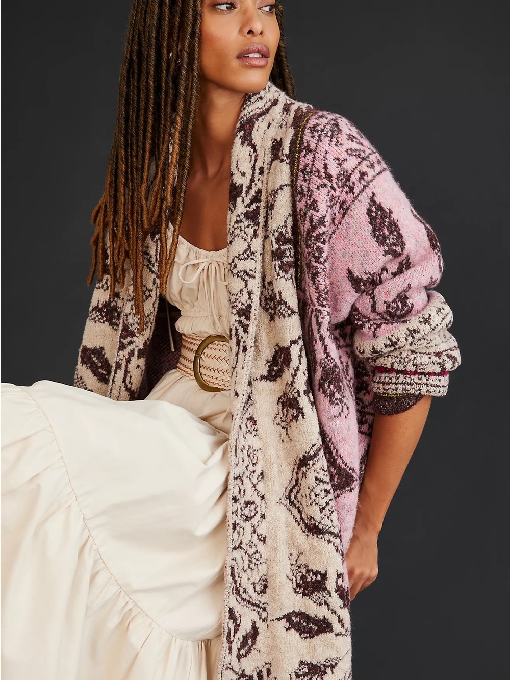 By Anthropologie  Cozy Pink & Cream Patterned Open Cardigan